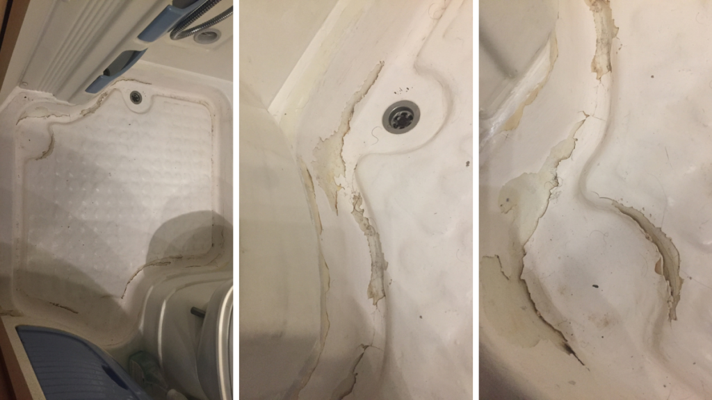 tentative de réparation de bac de douche DIY ratée, décollement de résine dans bac de douche.