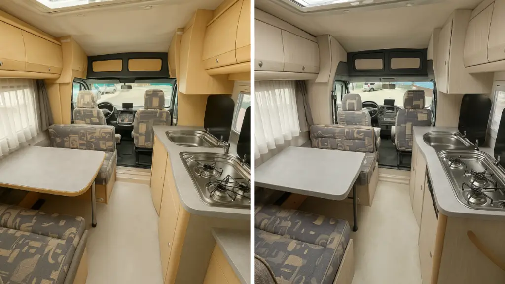 Avant après covering mobilier bois gris camping-car Renocamp