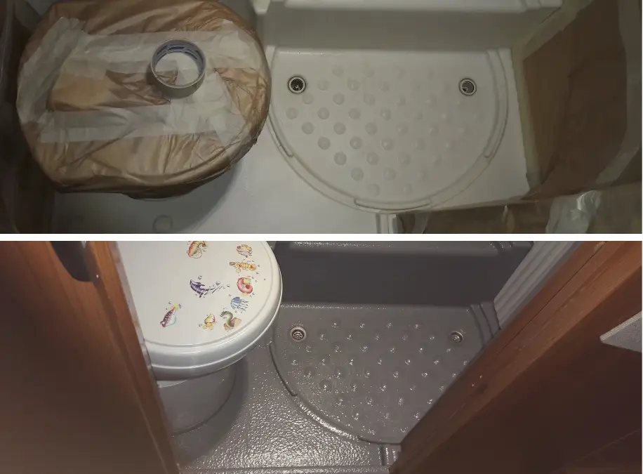 démonstration Avant/après réparation bac de douche camping car fissuré et changement de couleur.